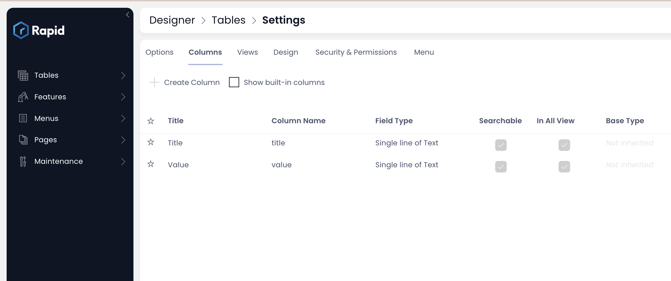 Image showing columns tab in designer for Settings table